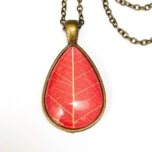 Beautiful Coral and Antique Brass Pressed Leaf Necklace